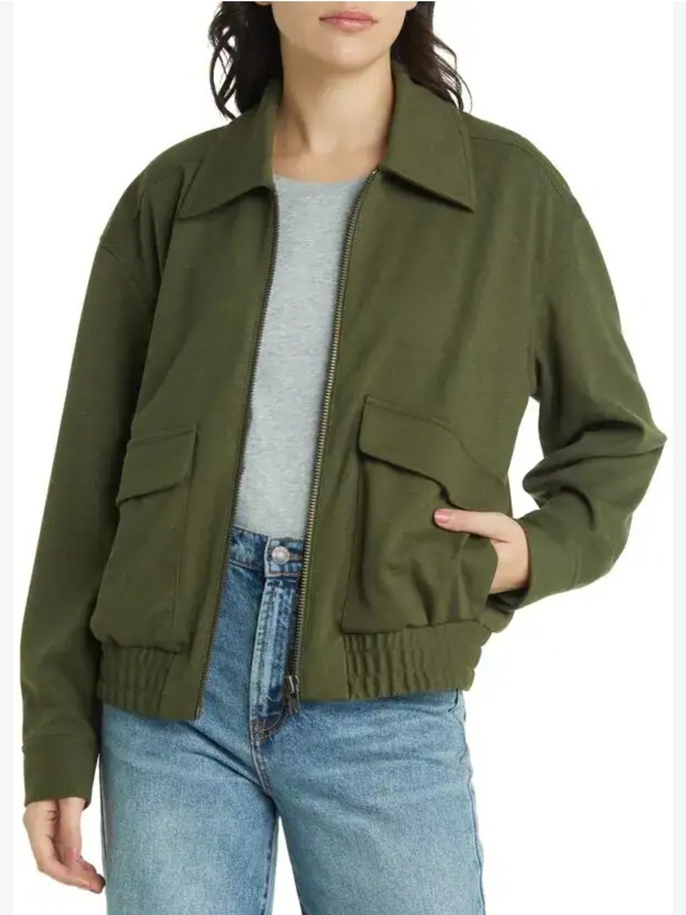 Treasure & Bond Women's Oversized Collared Olive Zip-Front Bomber Jacket Medium